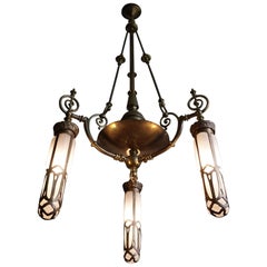 Late 1800s Arts & Crafts Brass Light Fixture with Later Bronze and Glass Shades