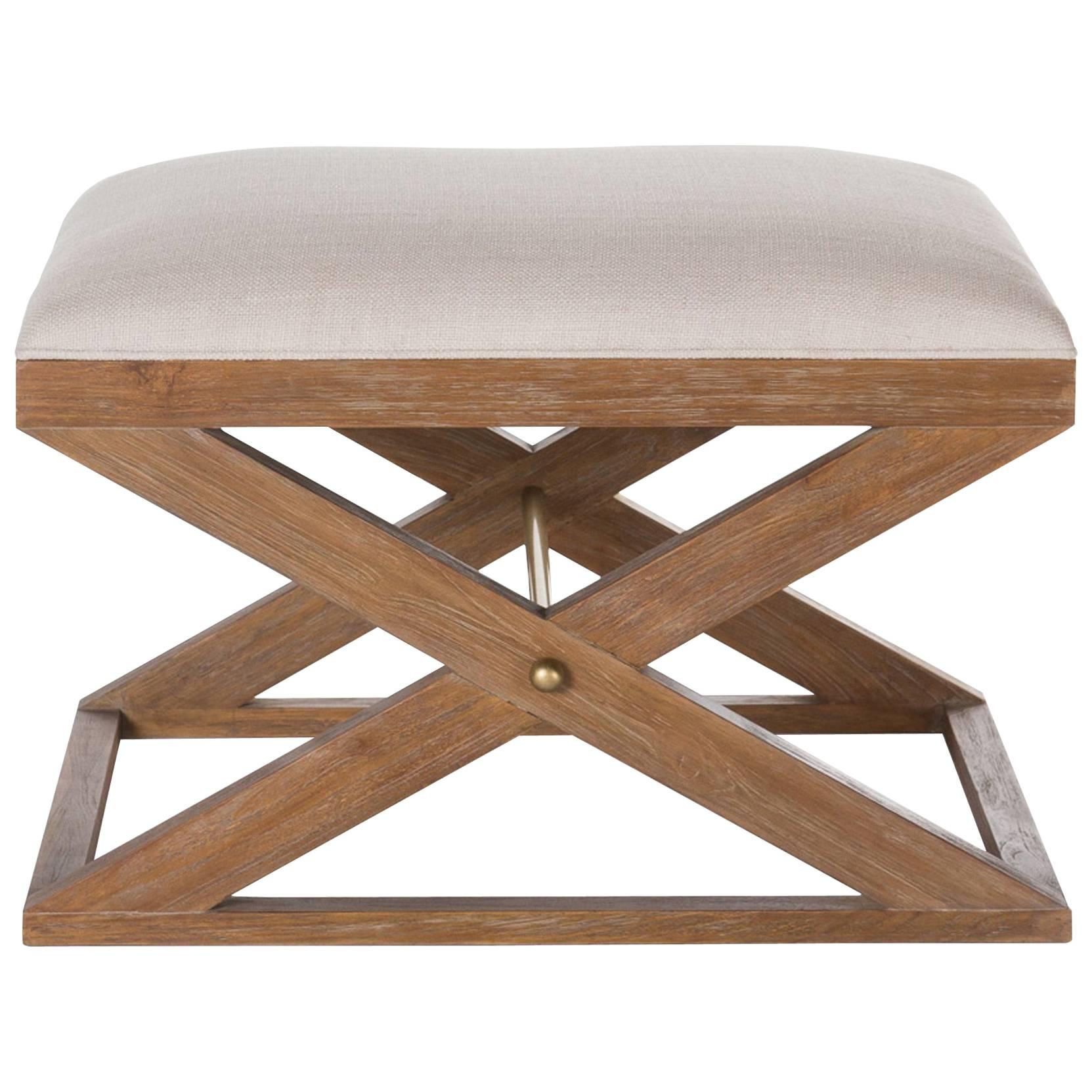 Teak and Brass Upholstered Stool For Sale