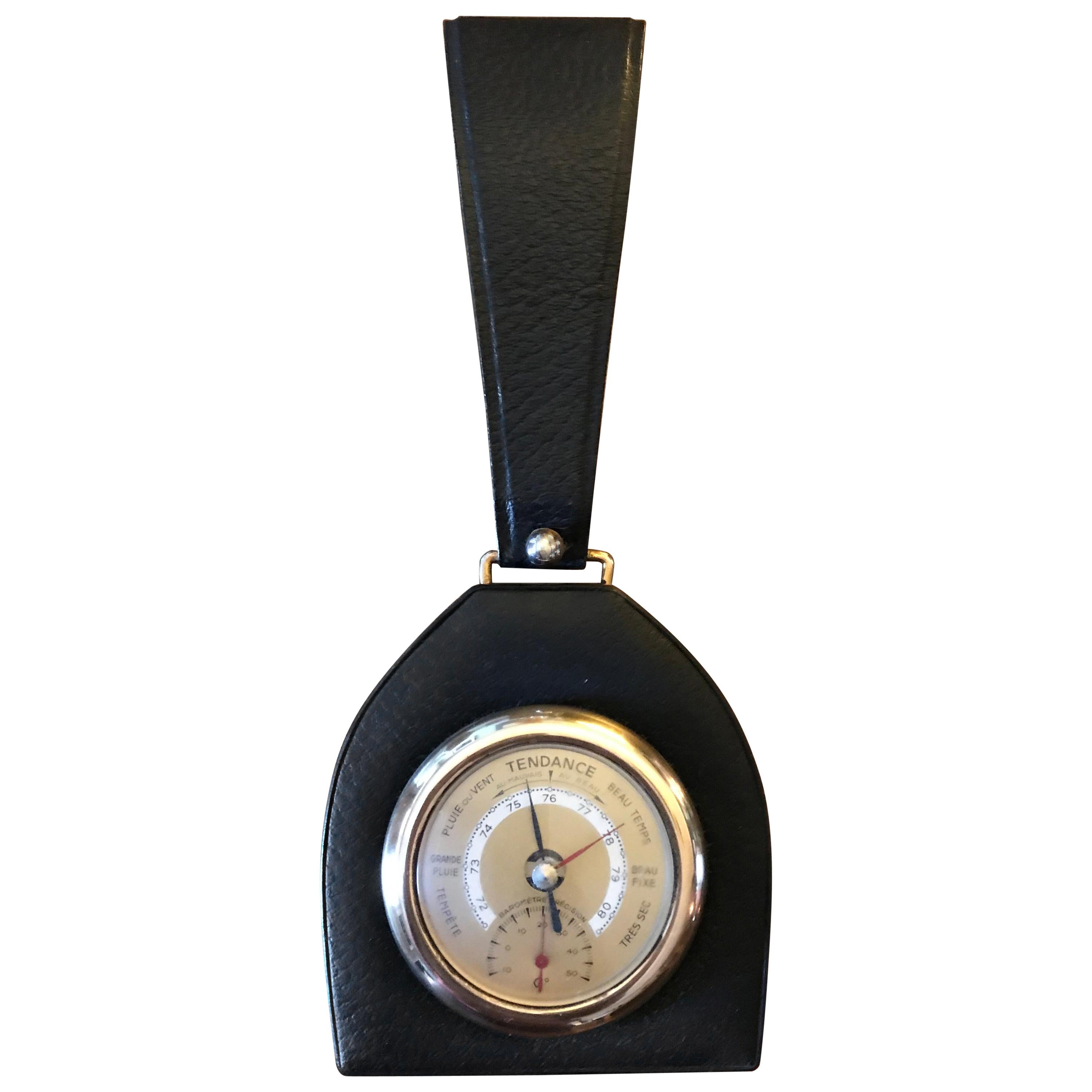 Jacques Adnet Style Mid-Century Modern Leather Barometer, France, 1950s