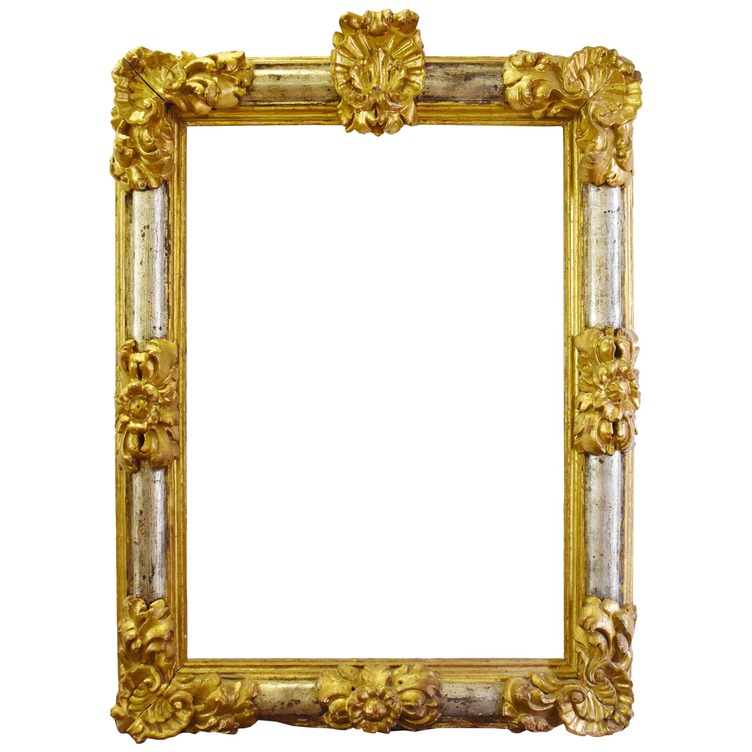 18th Century Baroque Spanish Fruitwood Gilded and Silvered Frame