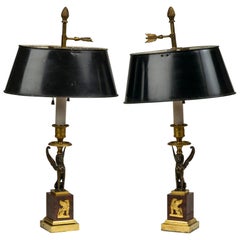 Antique Pair of Directoire Gilt and Patinated Bronze Candlesticks Mounted as Lamps