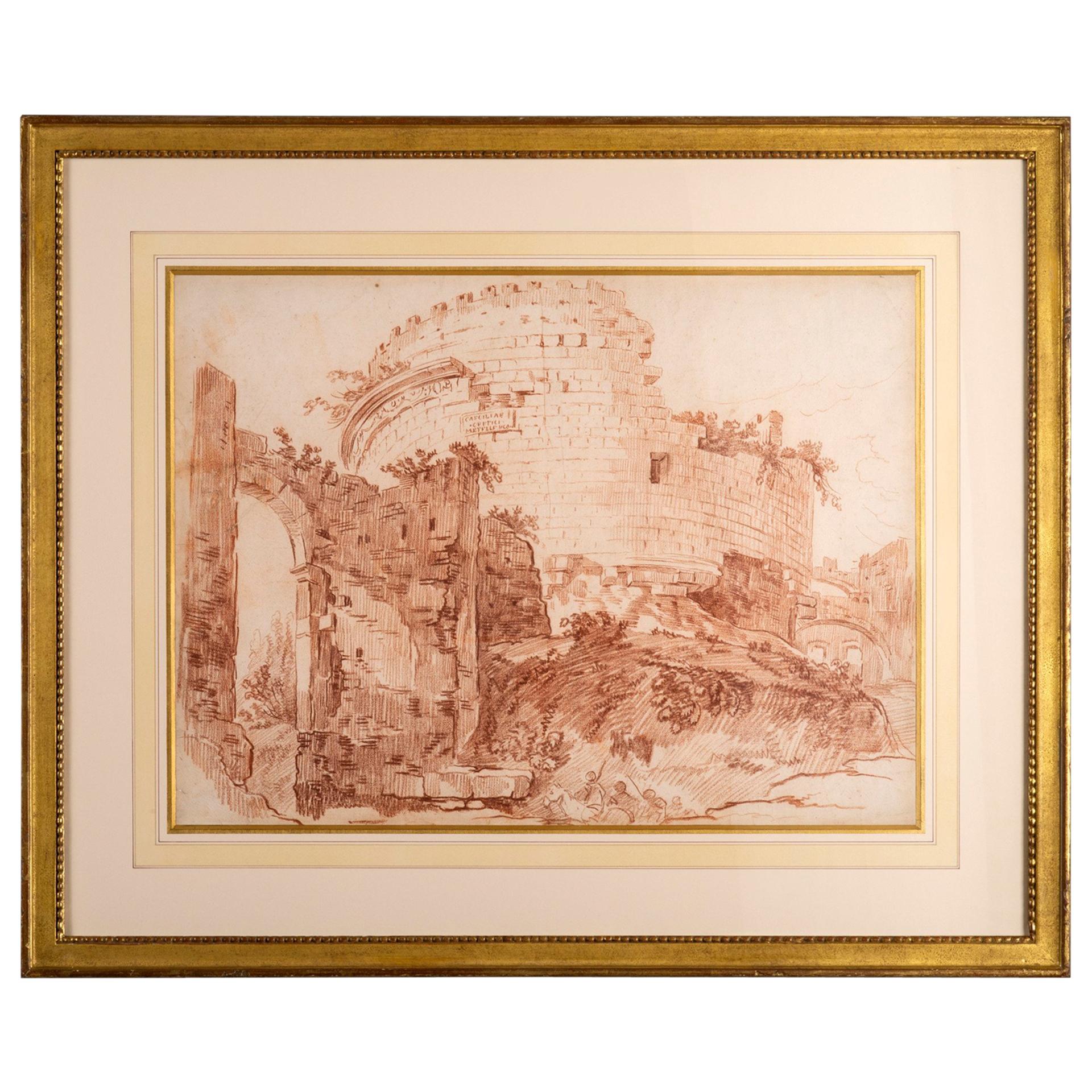 Large 18th Century Red Chalk Drawing of Ruins after Hubert Robert