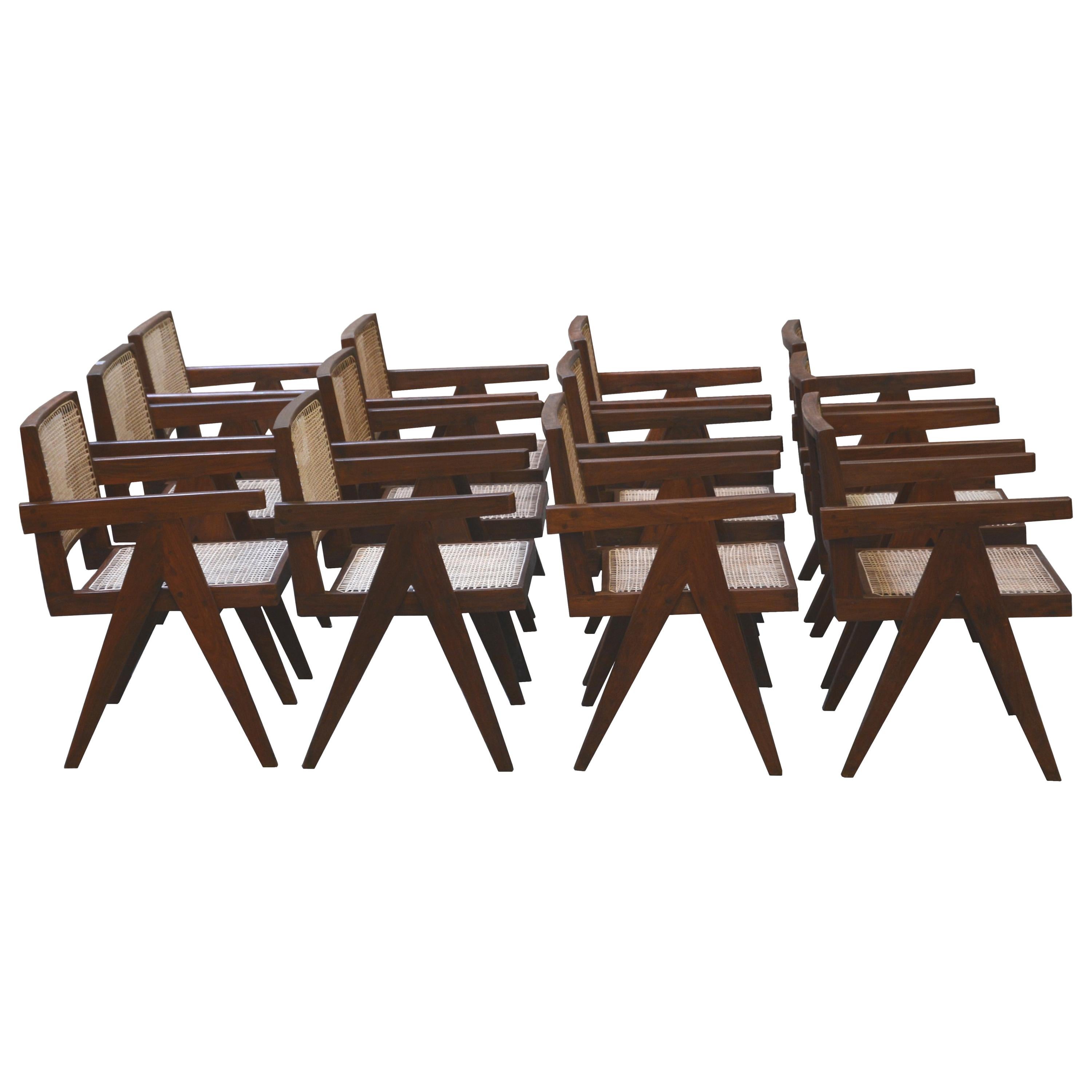 Exceptional Set of 12 Pierre Jeanneret Amchairs