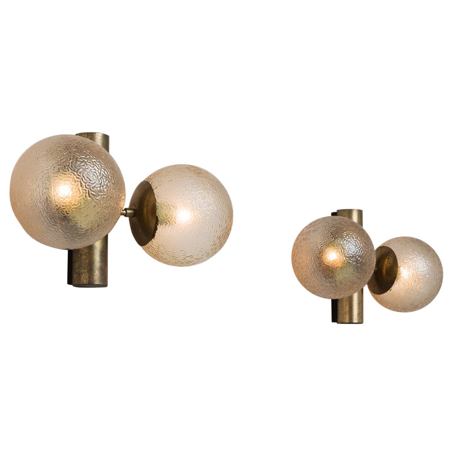 Pair of Brass Colored Wall Lights with Structured Glass