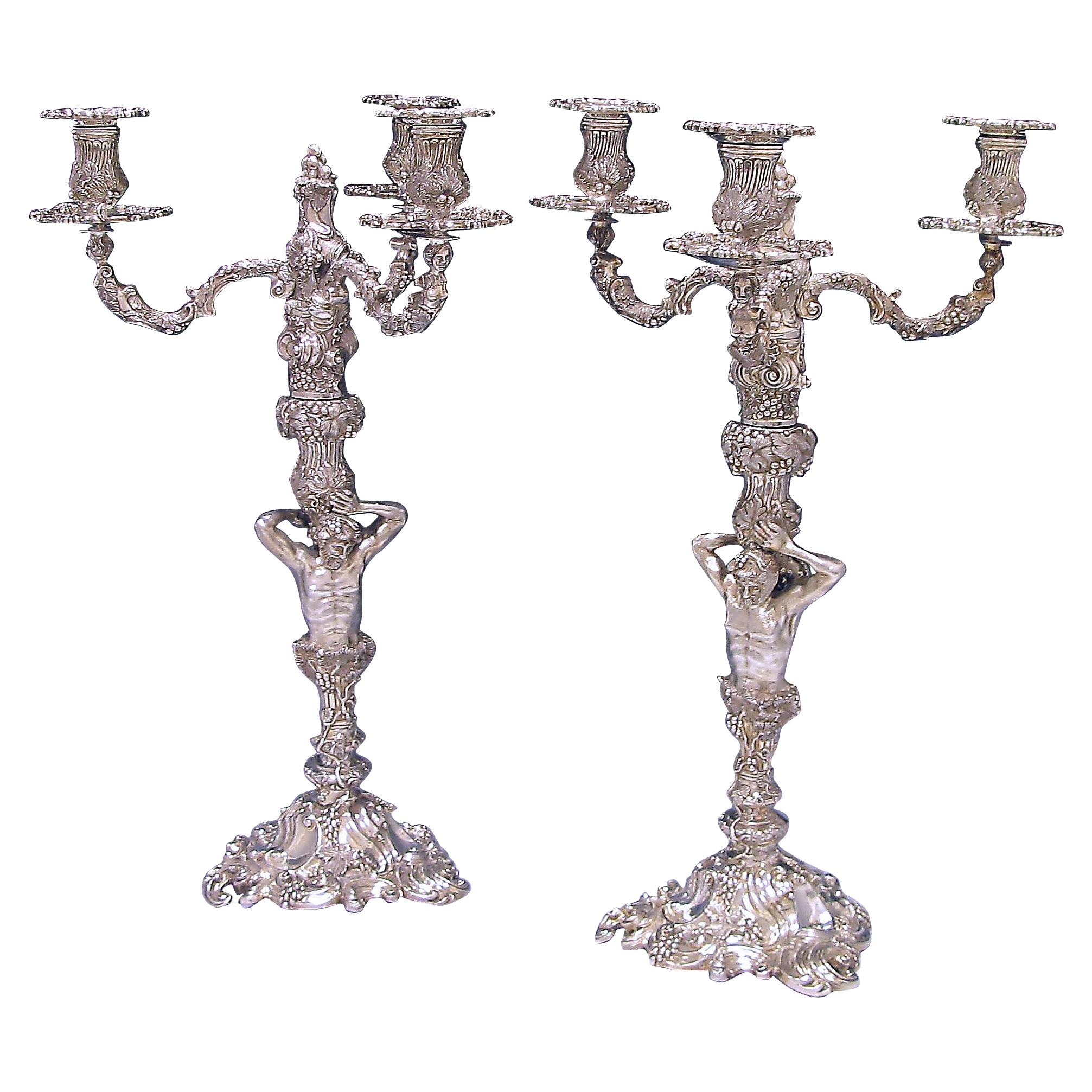 Pair of Sterling Silver Three-Light Candelabra Copies of Paul de Lamerie For Sale