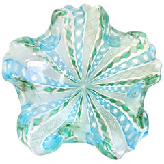 Fratelli Toso Murano Blue Green Snowflake Flower Ribbons Italian Art Glass Bowl