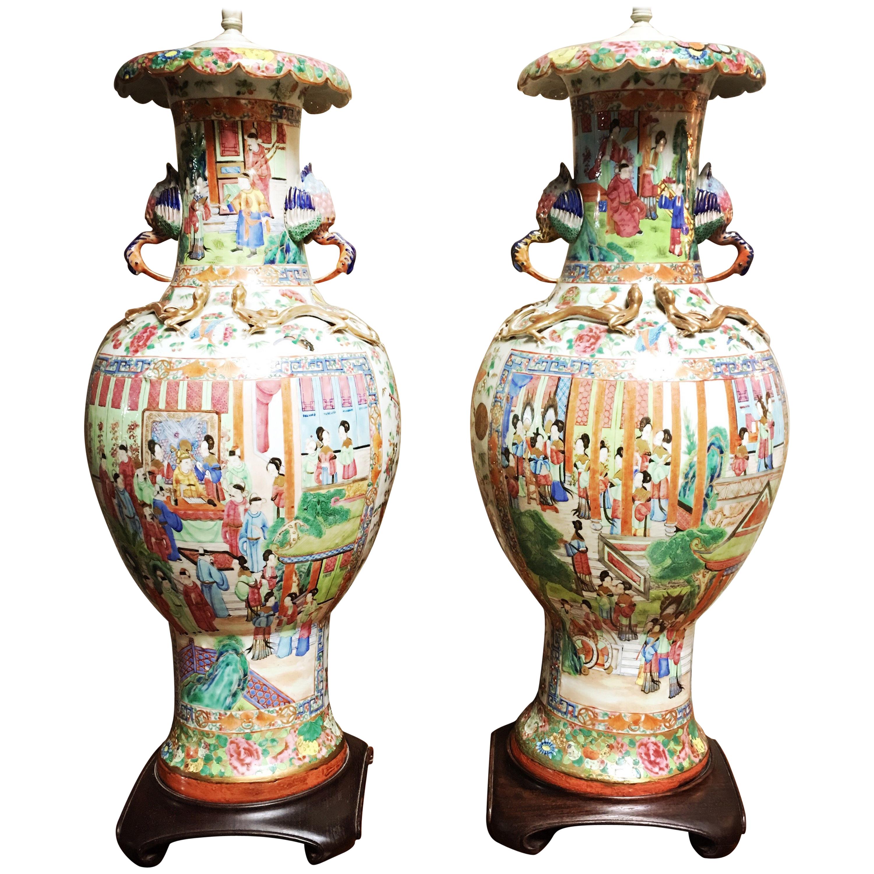 Very Large Pair of Chinese Porcelain Rose Mandarin Lamp Bases