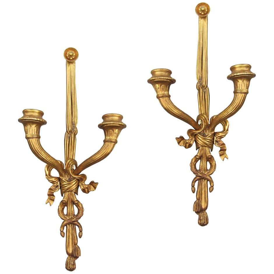 Pair of Late 19th Century Louis XVI Style Fire Gilded Bronze Sconces For Sale