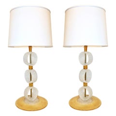 Italian 1970s Vintage Curved Pair of Brass & White Amber Gold Murano Glass Lamps