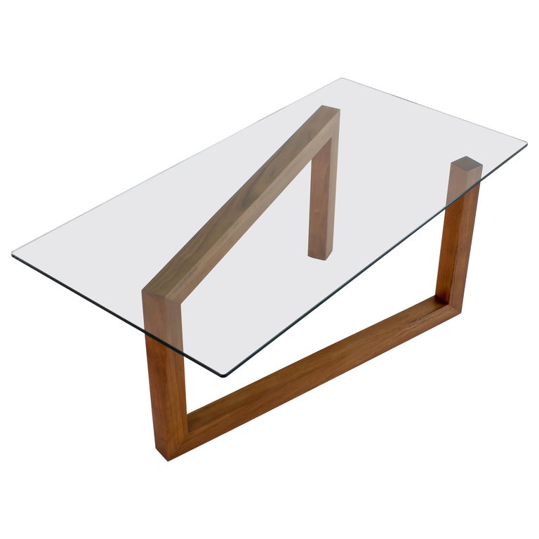 Contemporary Momento Coffee Table with Walnut Base and Glass Top For Sale