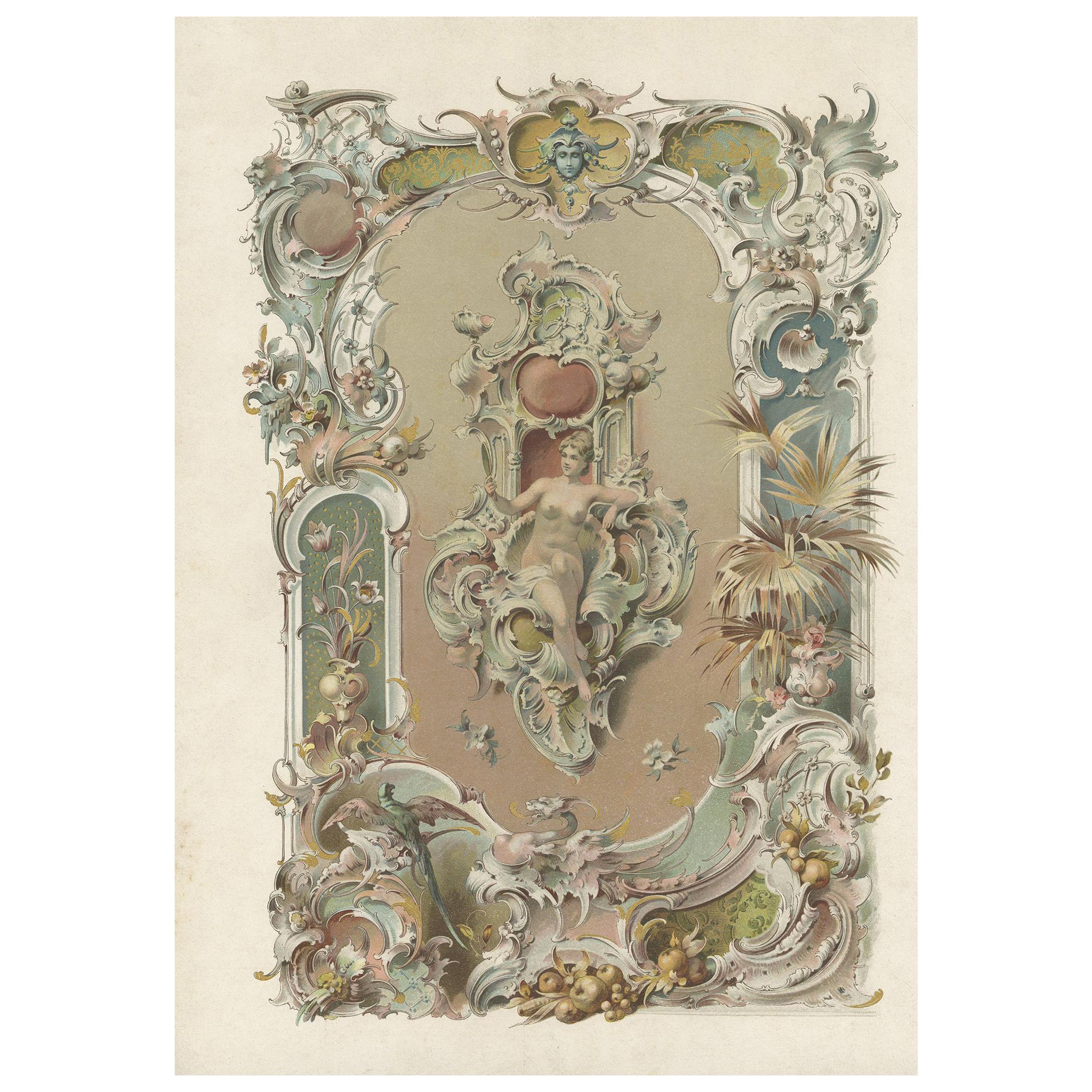 Stampa antica Donna con specchio, circa 1900