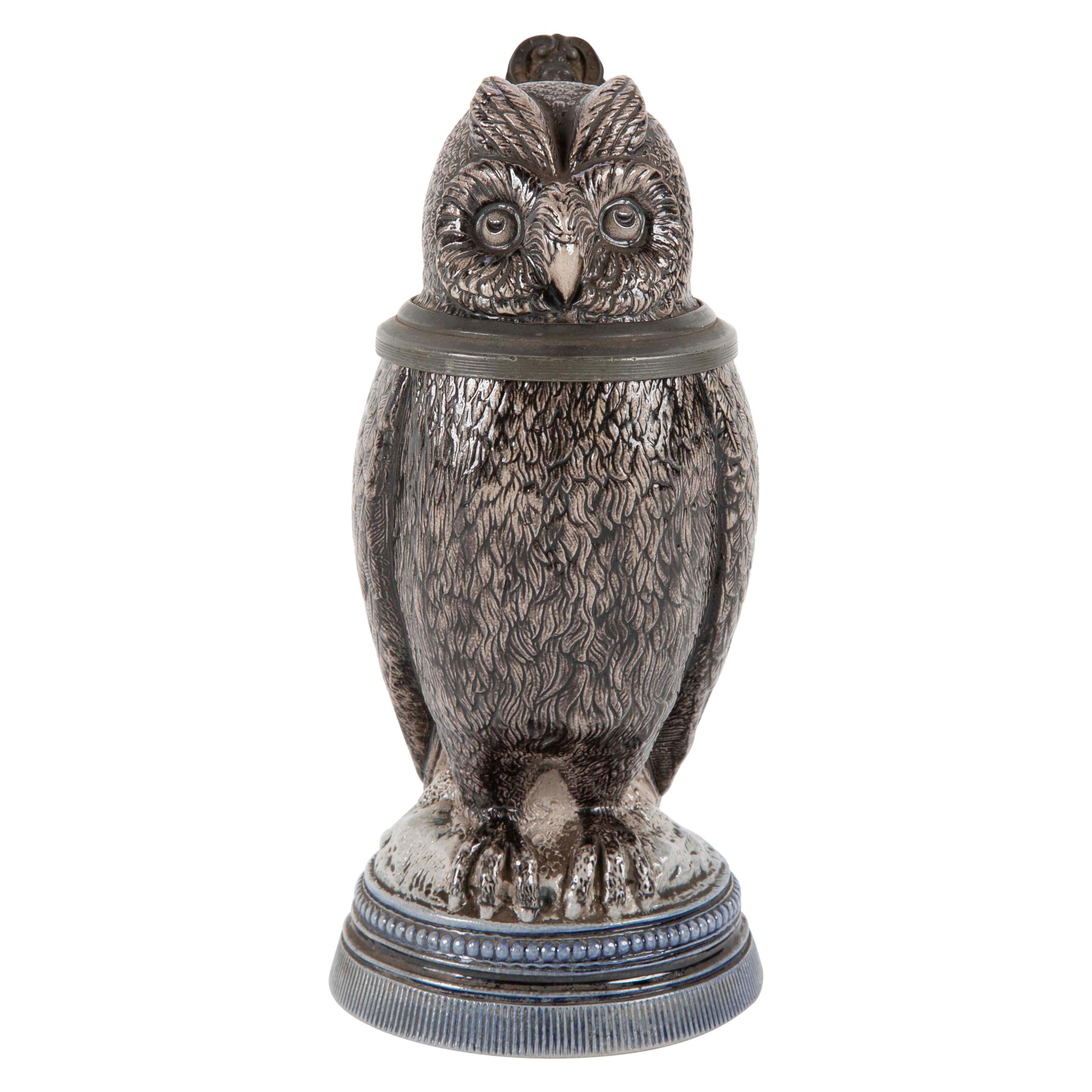 Glazed Ceramic Owl Form Tankard with Pewter Mounts For Sale
