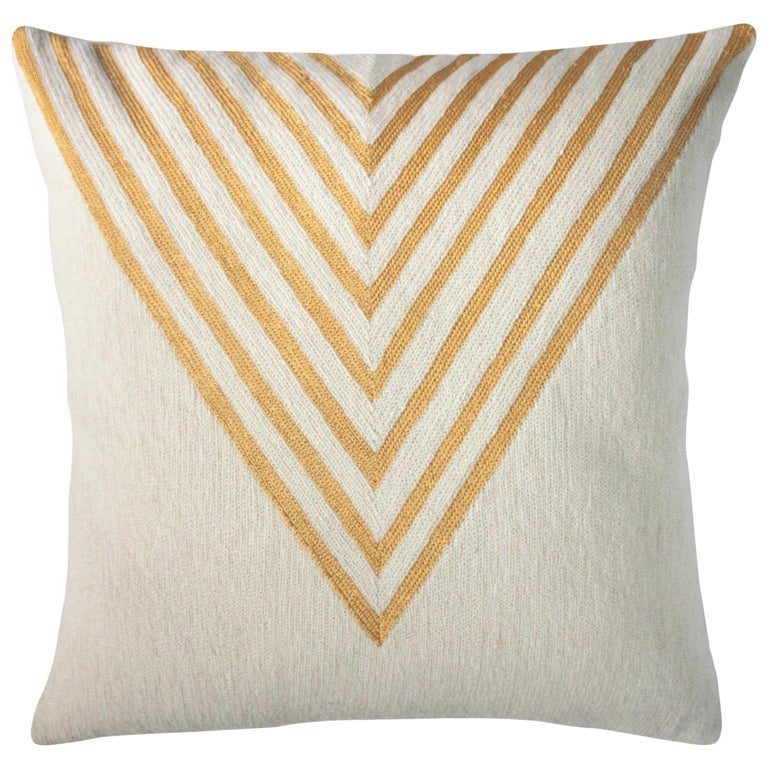Modern Katherine Triangle Hand Embroidered Ivory Throw Pillow