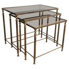 Set of 3 Neoclassical Brass Nesting Tables, in the Style of Maison Jansen