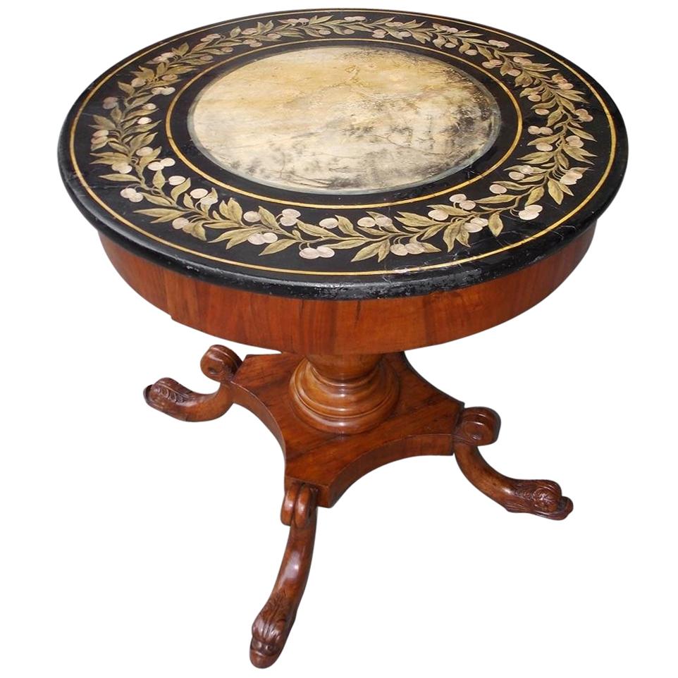 Italian Walnut Hand Painted Faux Marble Center Table with Dolphin Feet, C. 1815