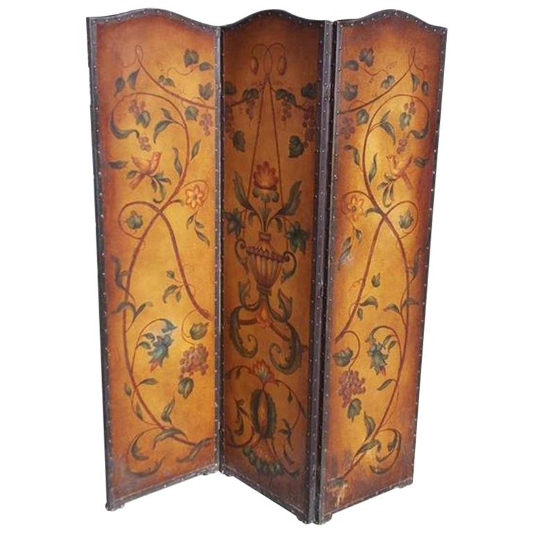 Italian Leather Arched Three-Panel Floral Vine and Urn Folding Screen, C. 1870
