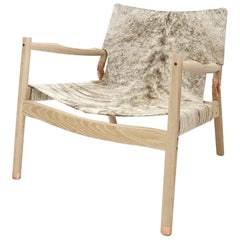 Contemporary Lounge Chair, Cerused White Oak, Grey Brown Hide & Polished Copper