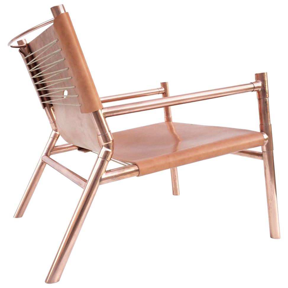 Contemporary Lounge Chair, English Bridle Leather and Polished Copper For Sale