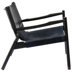 Contemporary Lounge Chair, Charred Oak, Bison and Navy Nubuck & Blackened Brass