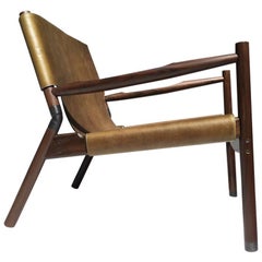 Contemporary Lounge Chair, Rosewood, Green Leather and Blackened Brass