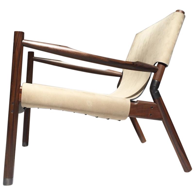 Contemporary Lounge Chair, Rosewood, Nubuck Leather and Blackened Brass For Sale