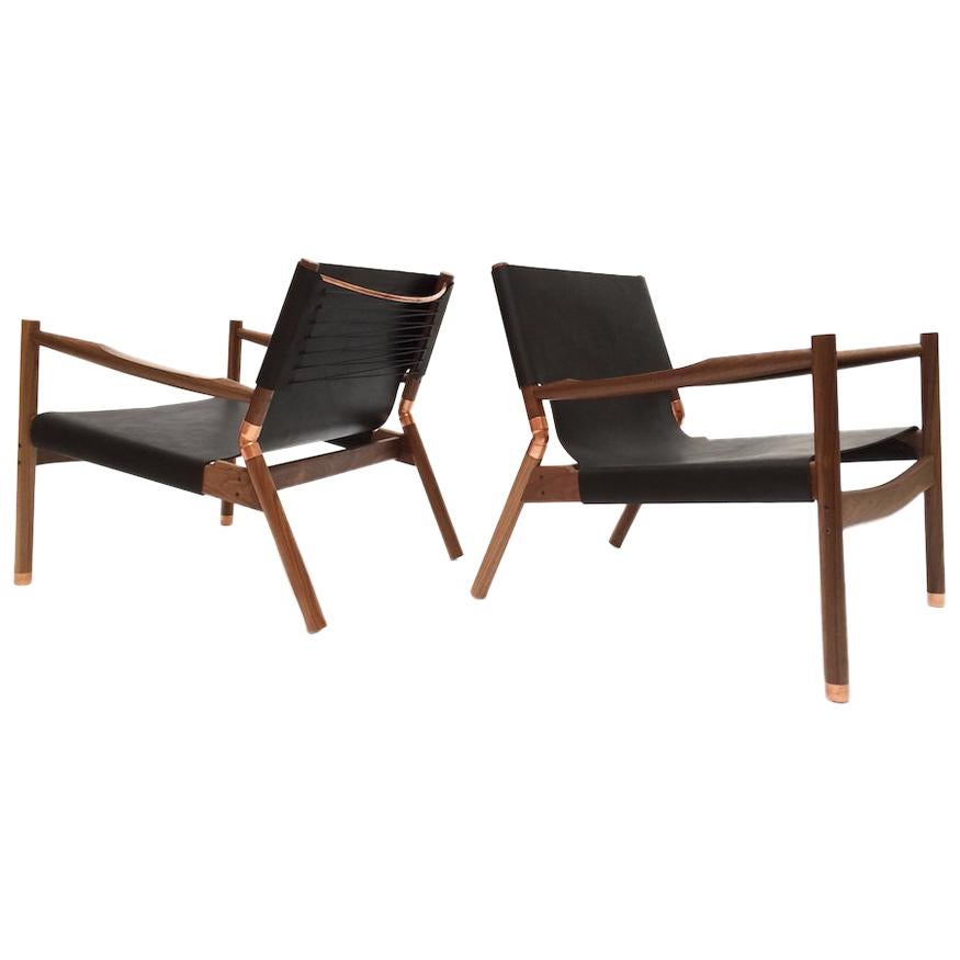 Contemporary Lounge Chair, Black Walnut, Matte Black Buffalo and Raw Copper For Sale