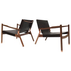 Contemporary Lounge Chair, Black Walnut, Matte Black Buffalo and Raw Copper