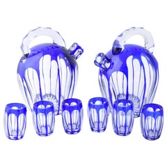 Retro Blue Cut to Clear Art Glass Cordial Decanter Set with 2 Decanters and 6 Glasses