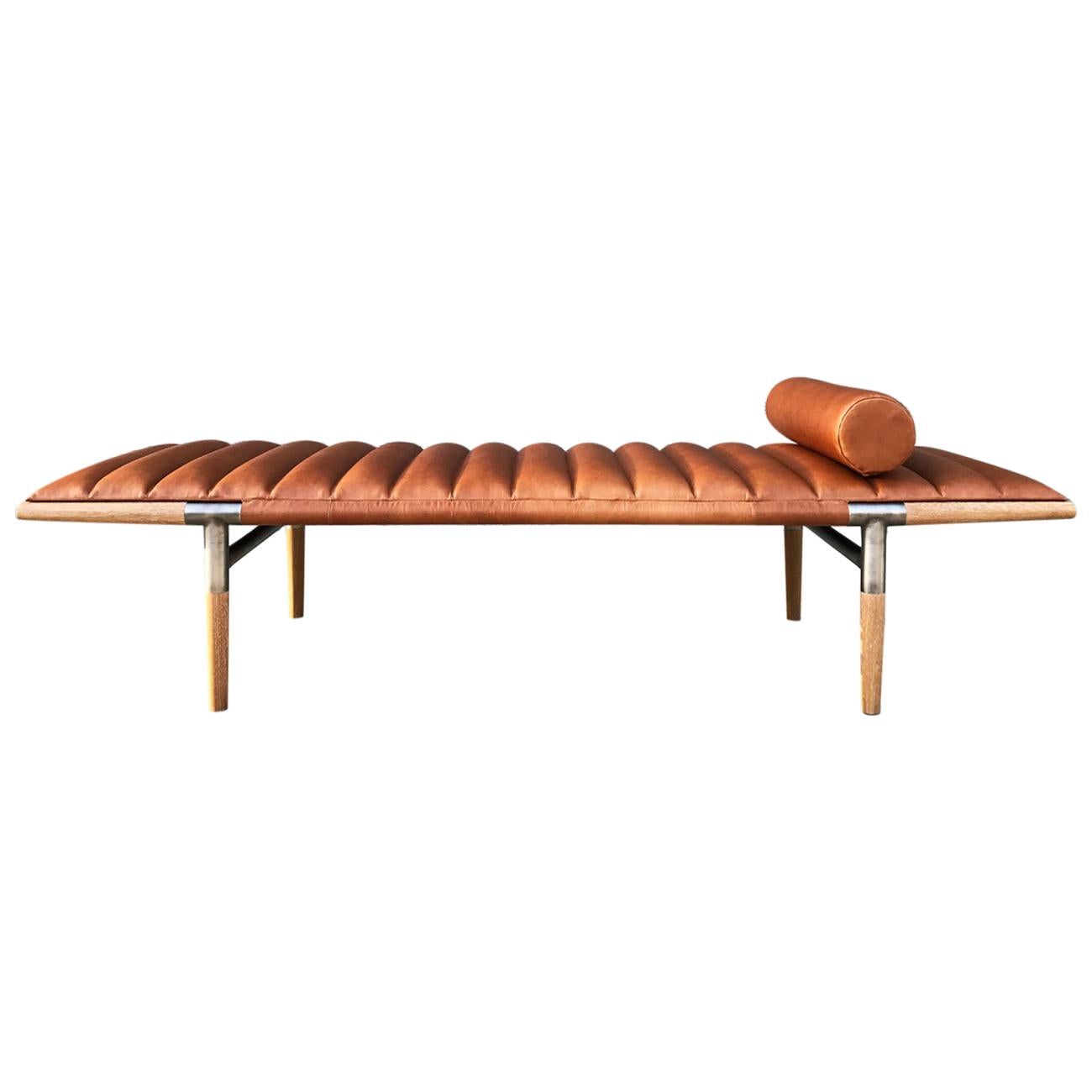 Contemporary Daybed, Cerused Iroko, Cognac Leather and Nickel For Sale