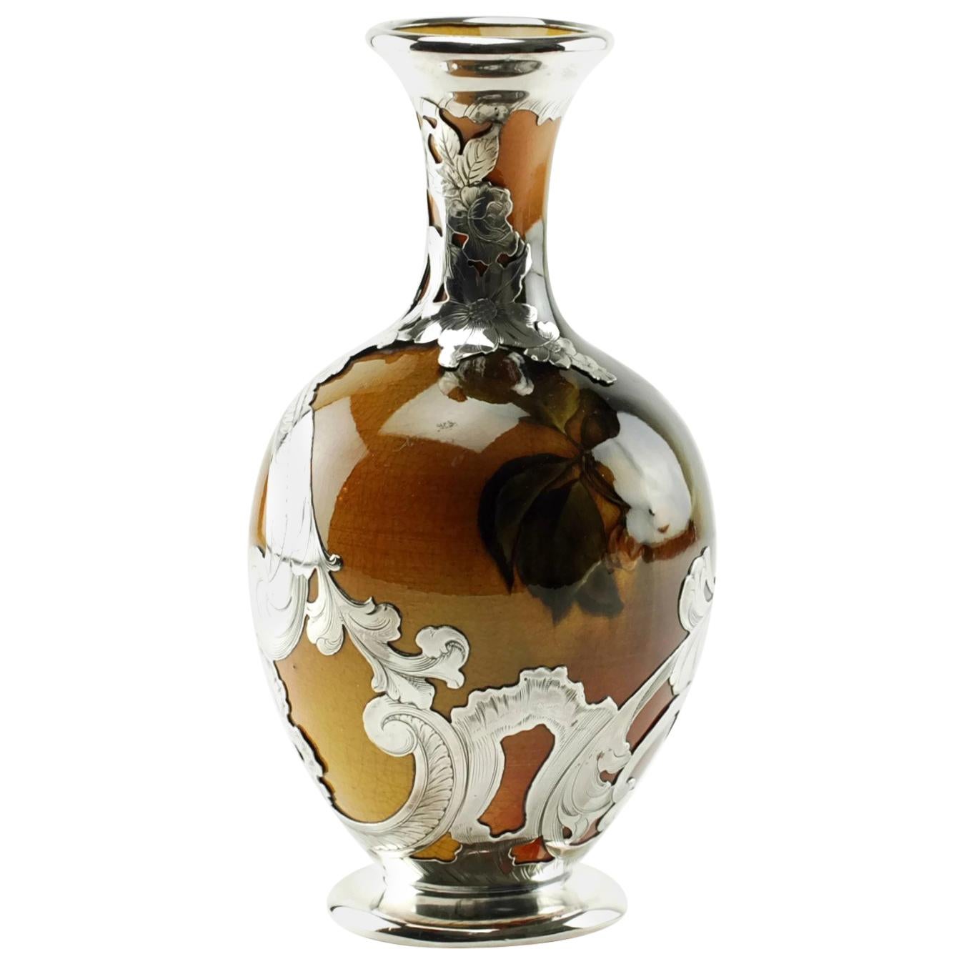 19th Century Hand Painted Rookwood Vase with Gorham Sterling Silver Overlay