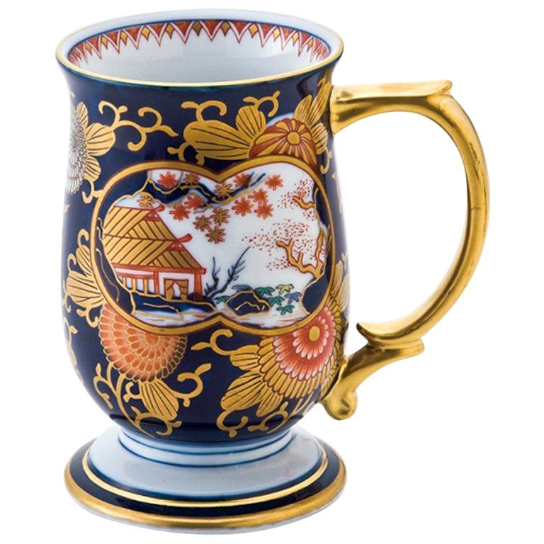 Japanese Contemporary Gilded Blue Red Ko-Imari Short Stem Porcelain Mug Cup For Sale