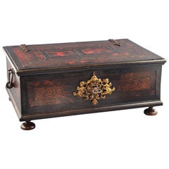 Italian Small Chest, Woods, Gilt Bronze, Wrought Iron, 17th Century