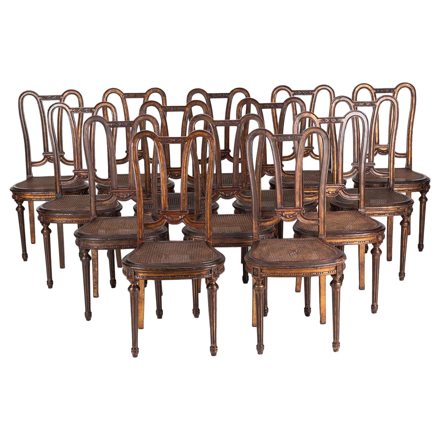 Set of 14 French Style Dining Chairs, Painted Hand Carved Wood with Canned Seats For Sale