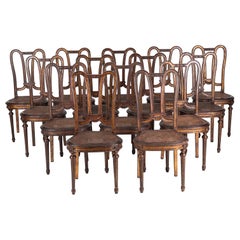 Antique Set of 14 French Style Dining Chairs, Painted Hand Carved Wood with Canned Seats