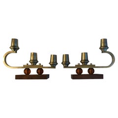 Jacques Adnet Kerzenständer aus Holz und Messing, Französisch, Mid-Century Modern