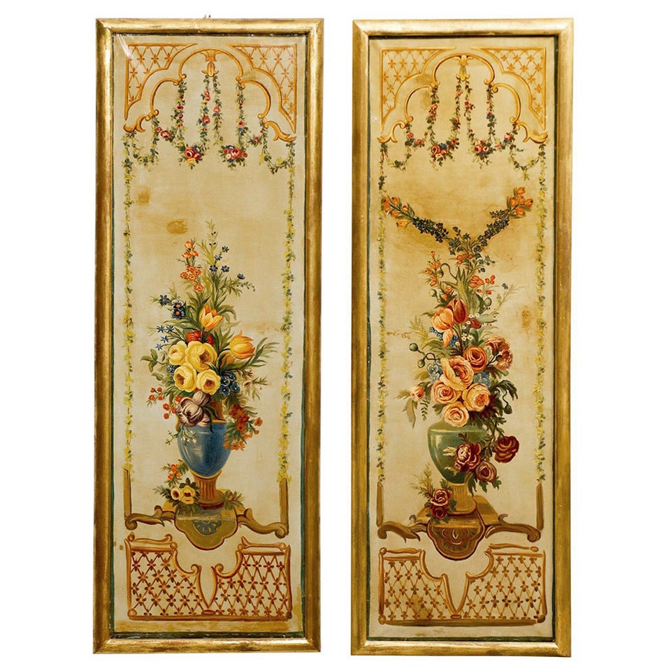 Panneaux décoratifs peints d'époque Napoléon III avec bouquets, vers 1860 en vente