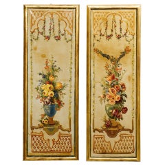 Antique French Napoleon III Period Painted Decorative Panels with Bouquets, circa 1860