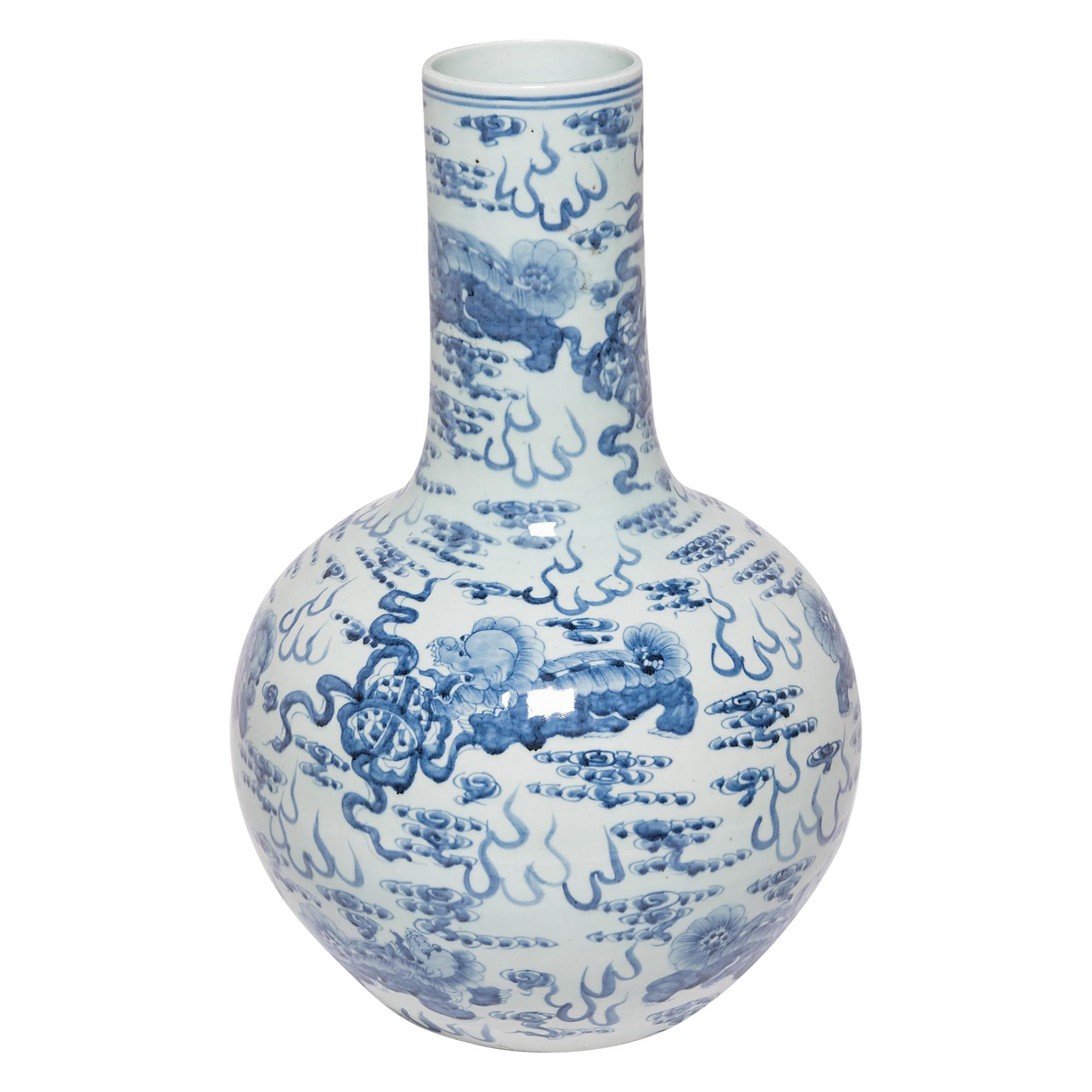 Large Blue and White Celestial Ball Vase with Fu Dogs For Sale