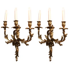 Pair of 19th Century French Louis XV Bronze Dore Three-Light Wall Sconces