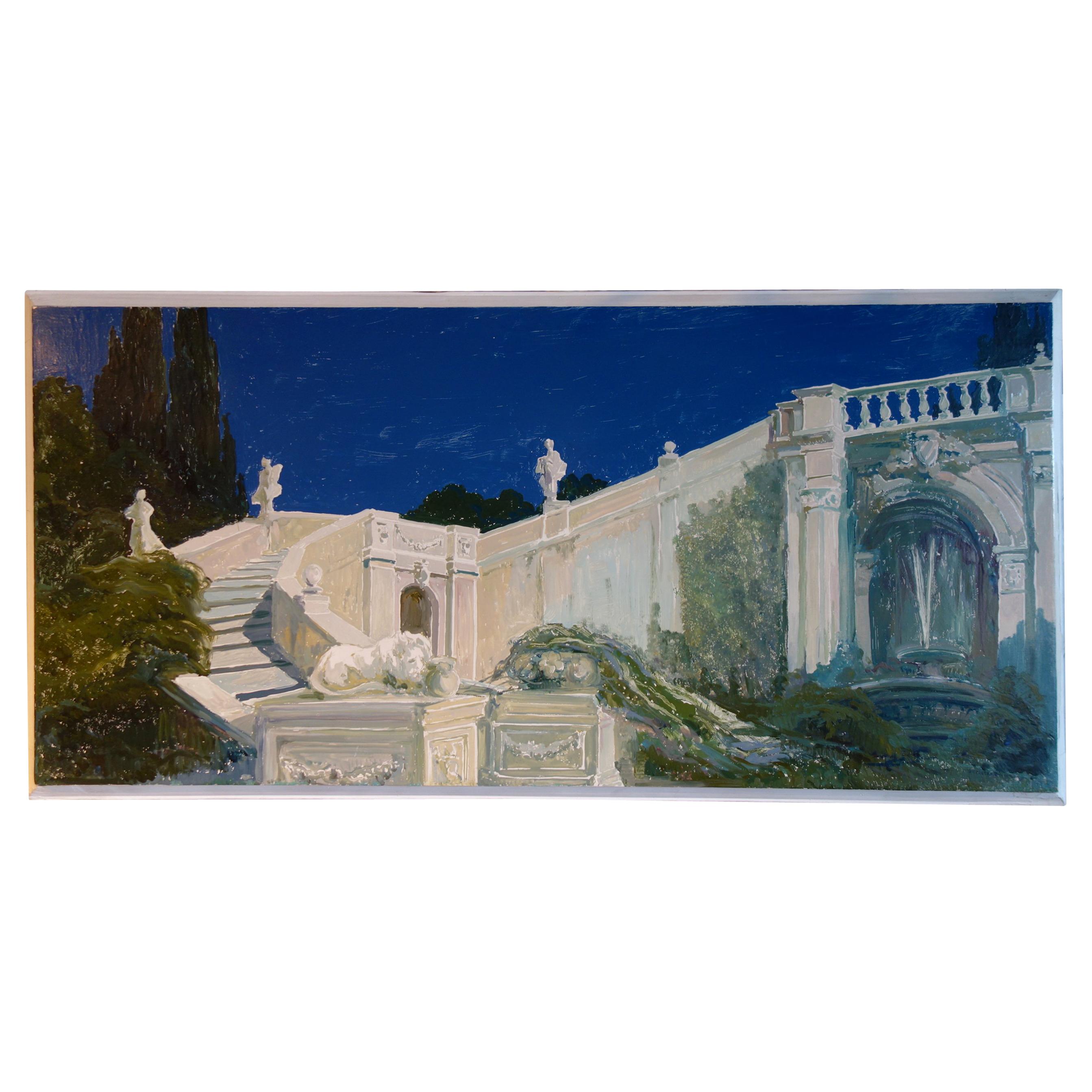 Study for a Painting of a Classic Italian Garden Stairs with Lion on Board For Sale