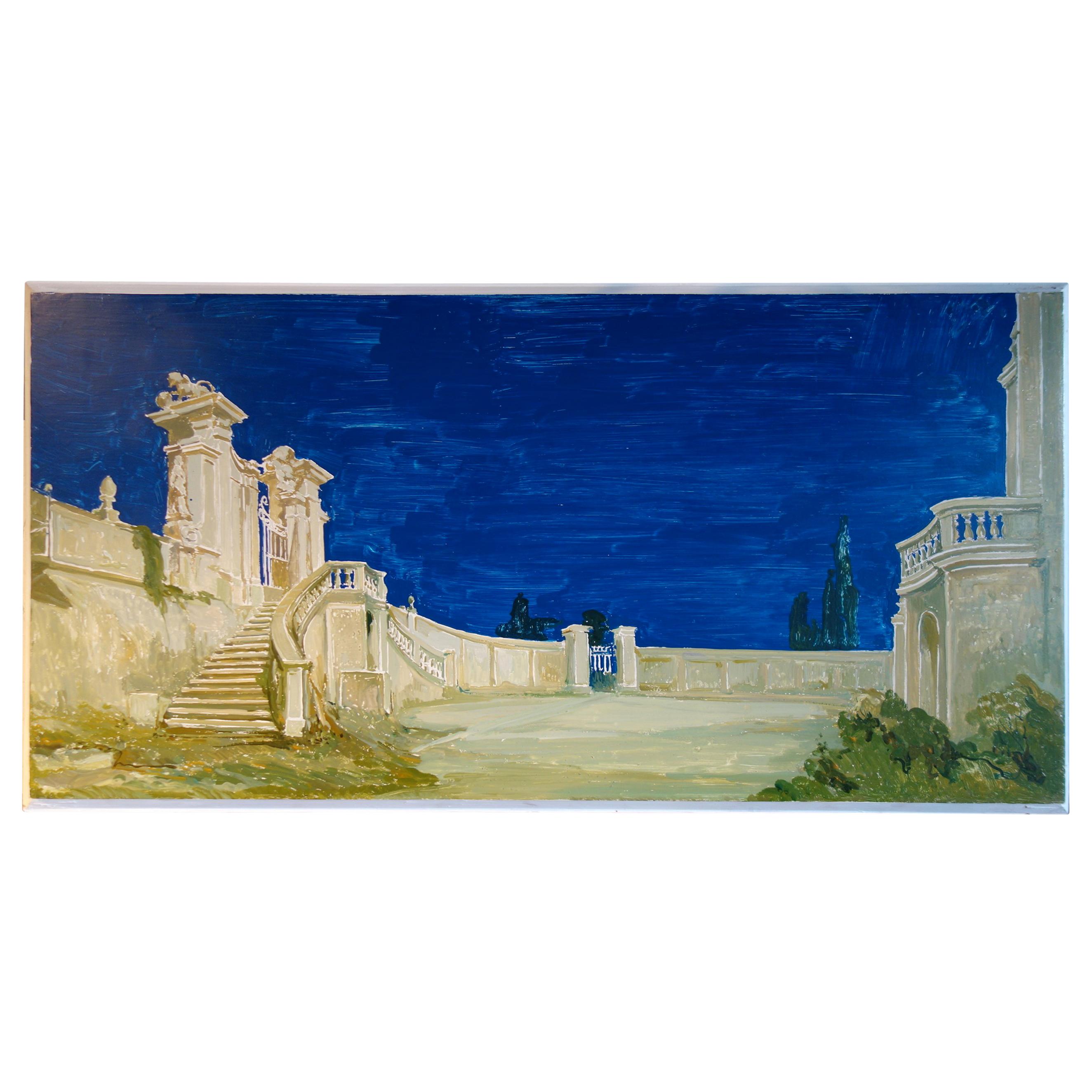 Study for a Painting of a Classic Italian Garden Courtyard with Gate on Board For Sale