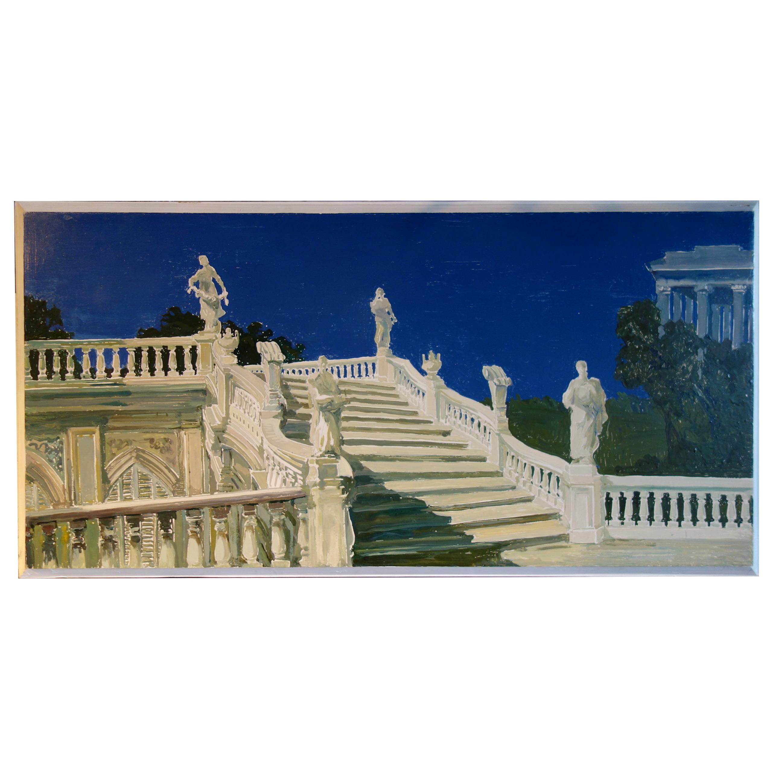 Study for a Painting of a Classic Italian Garden Stairs on Board For Sale