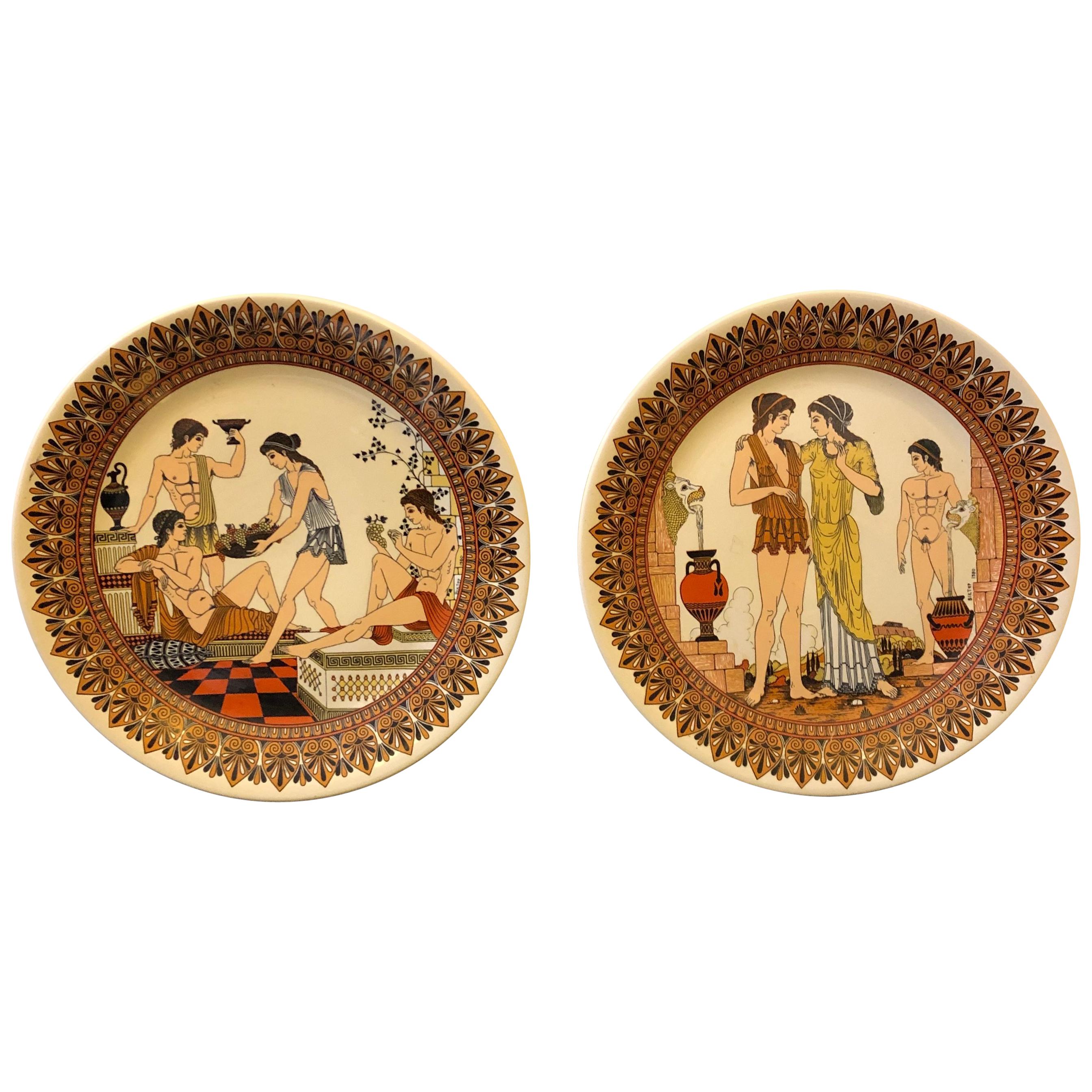 Set of Two Neoclassical Ceramic Greek Mural Plates