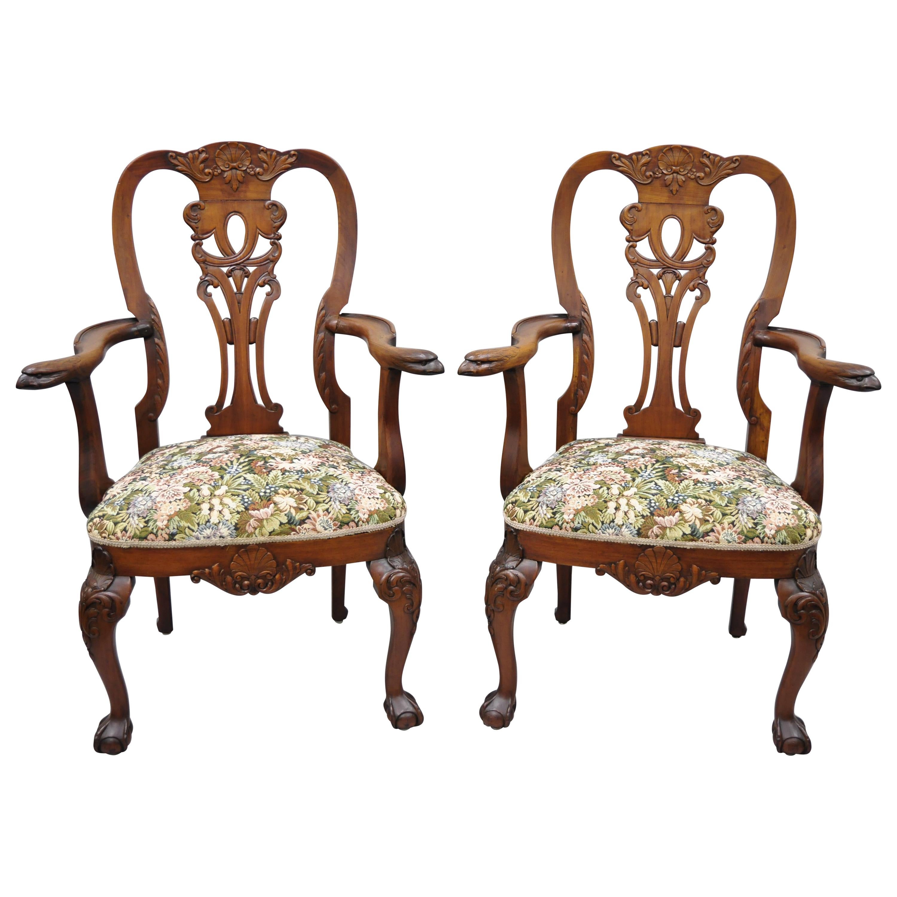 Early 20th Century Mahogany Chippendale Style Armchairs Carved with Eagle Heads For Sale