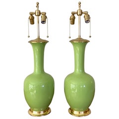 Pair of Tall Green Porcelain Lamps on 23-Karat Water Gilt Bases