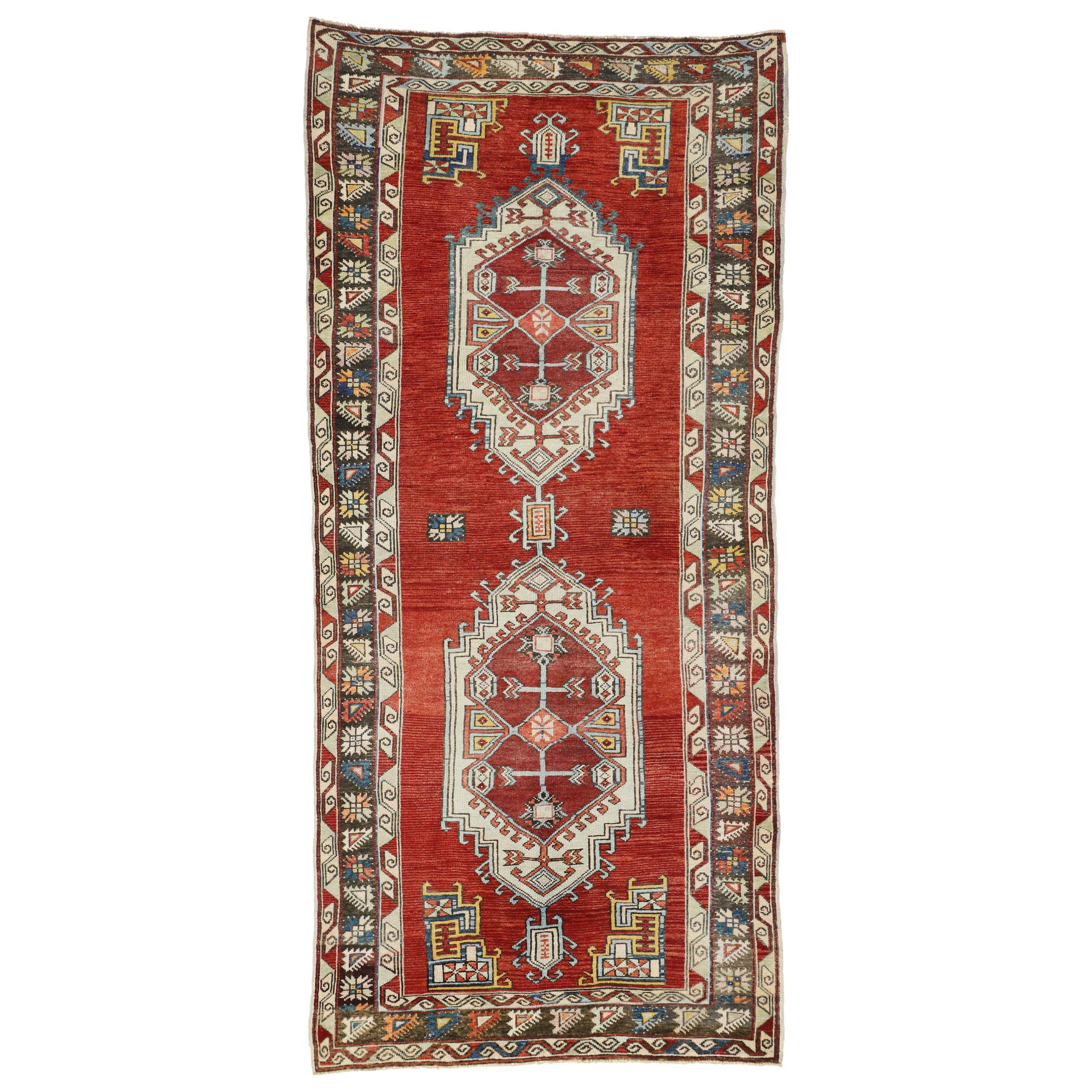 Vintage Turkish Oushak Gallery Rug with Jacobean Style, Wide Hallway Runner For Sale