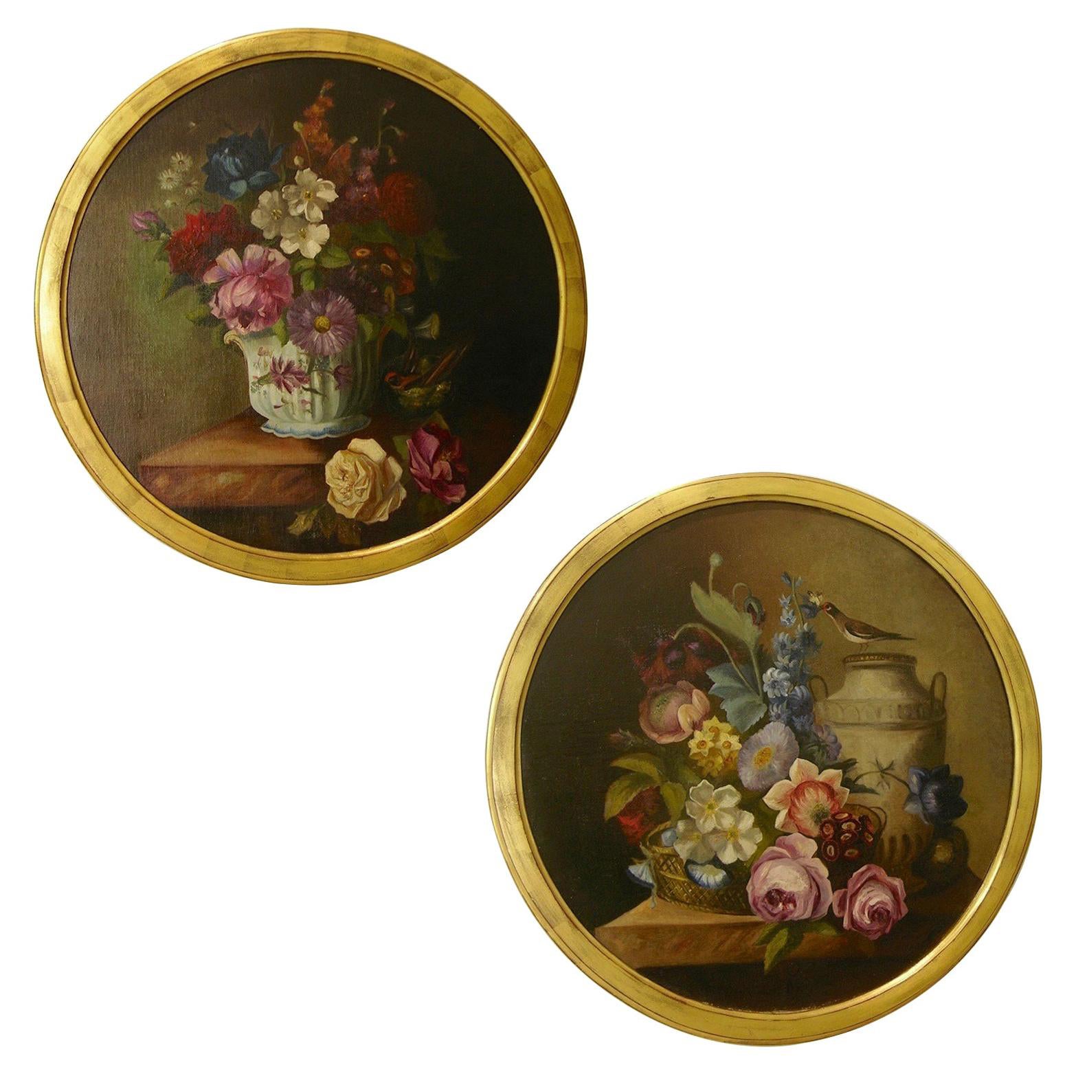 1880 French Provincial Pair of Round Still Life Oil Paintings in Gilt Frames