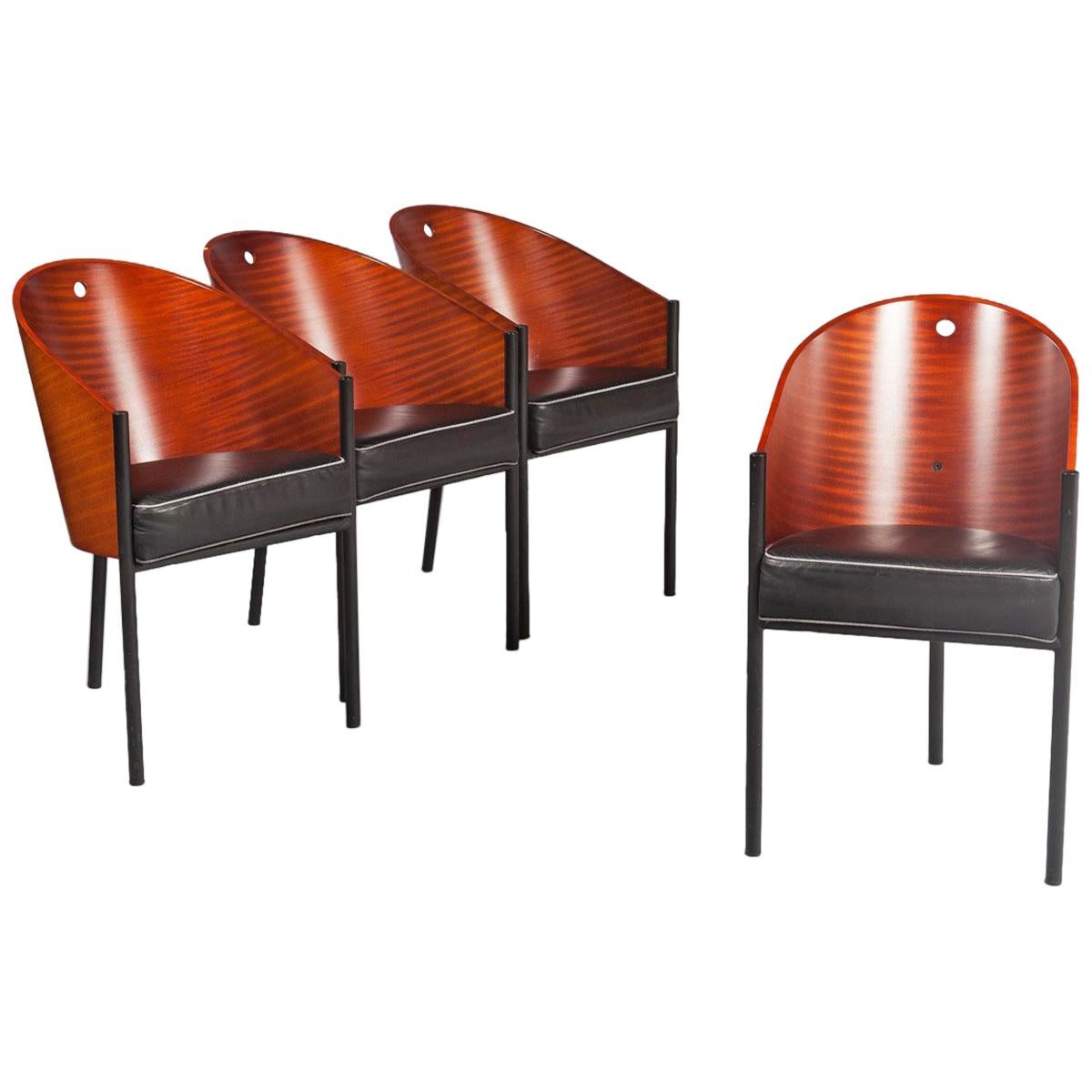 Philippe Starck Modern Wood and Black Leather Chairs, 1980s For Sale