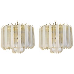 Pair of Hollywood Regency Lucite Triedri Prism Crystal Chandeliers