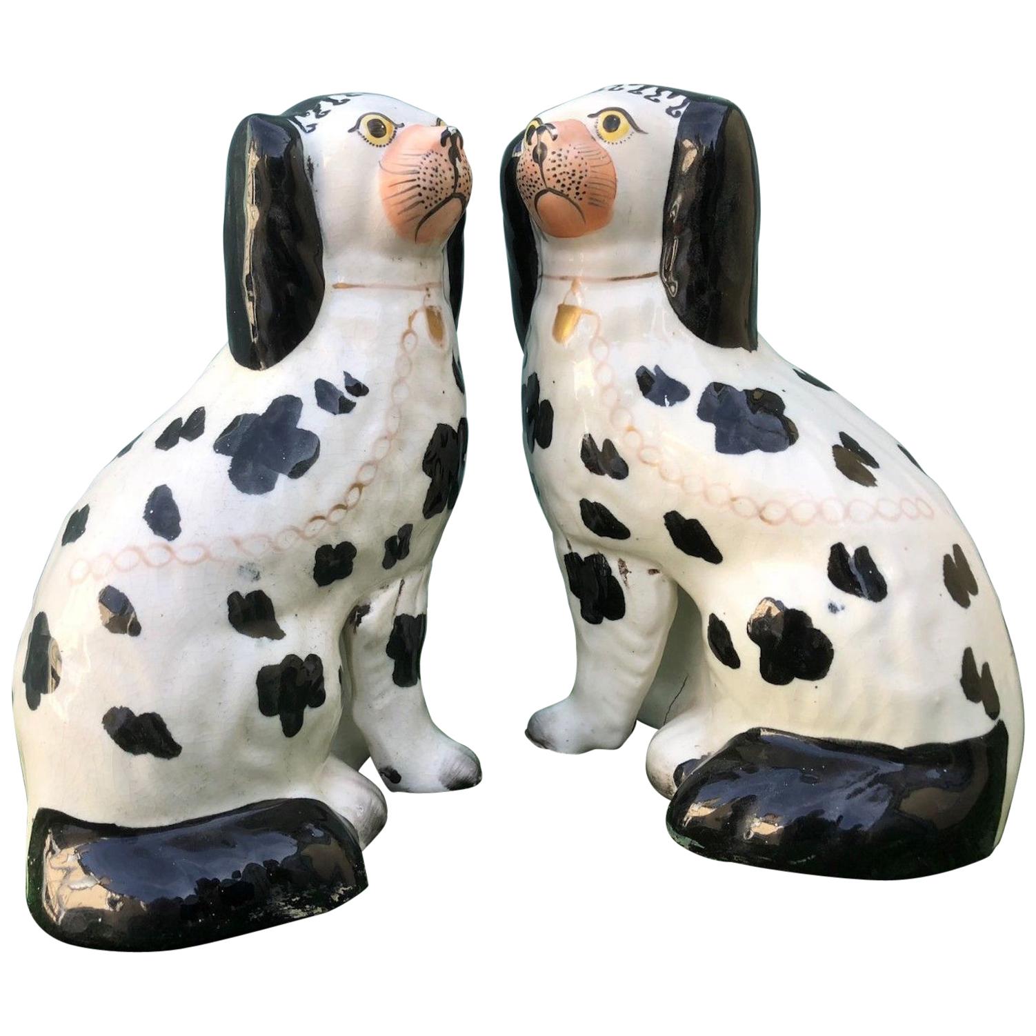 19th Century Staffordshire Seated Disraeli Black and White Spaniel Dogs